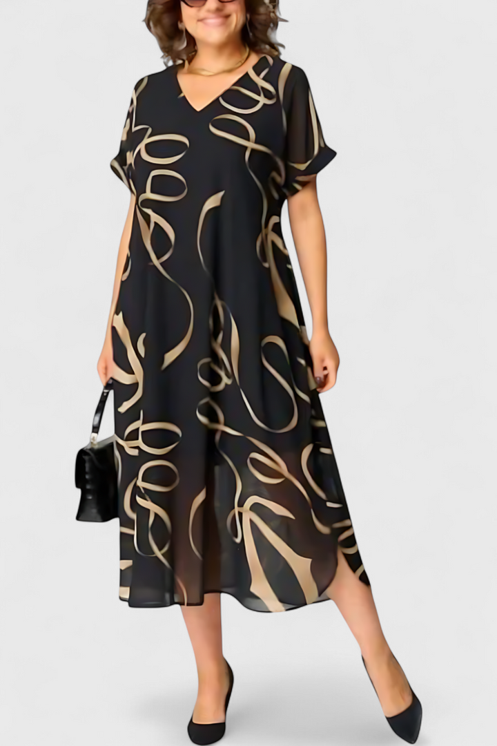 Jillian Vestido Caftán Negro | Estampado Abstracto en Oro | Escote en V