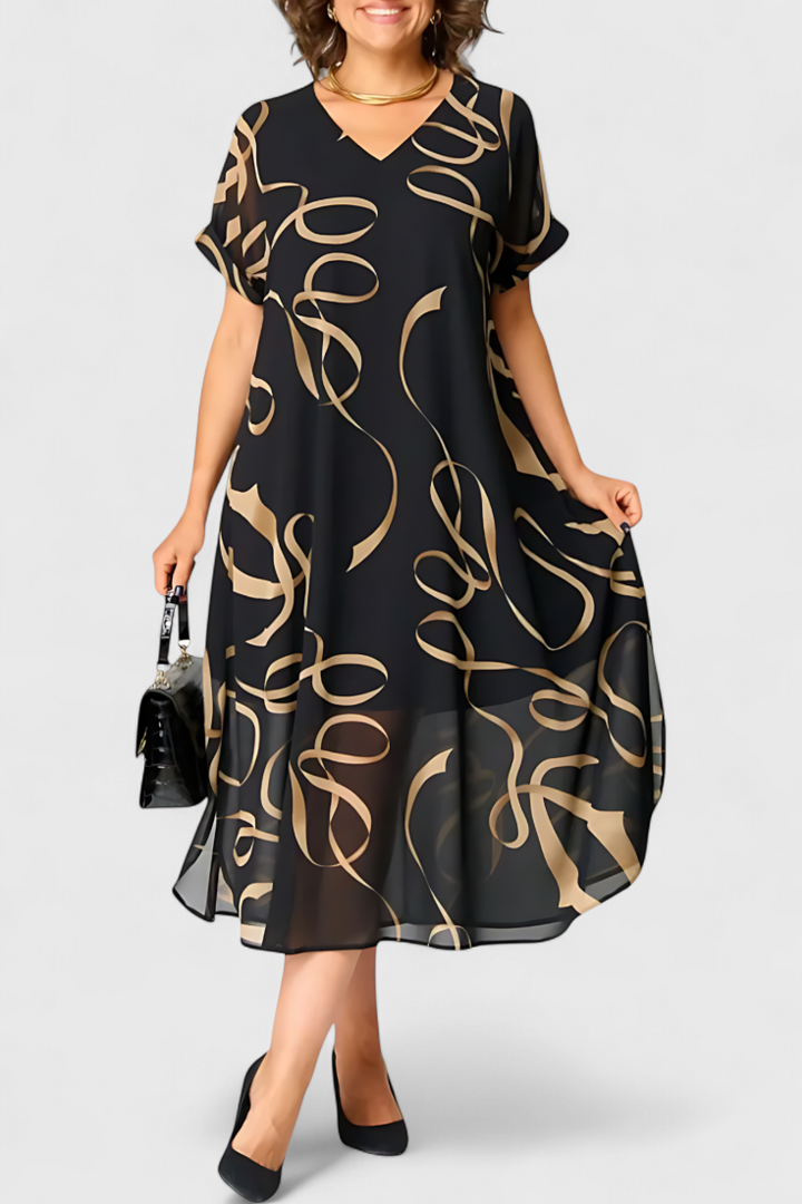 Jillian Vestido Caftán Negro | Estampado Abstracto en Oro | Escote en V
