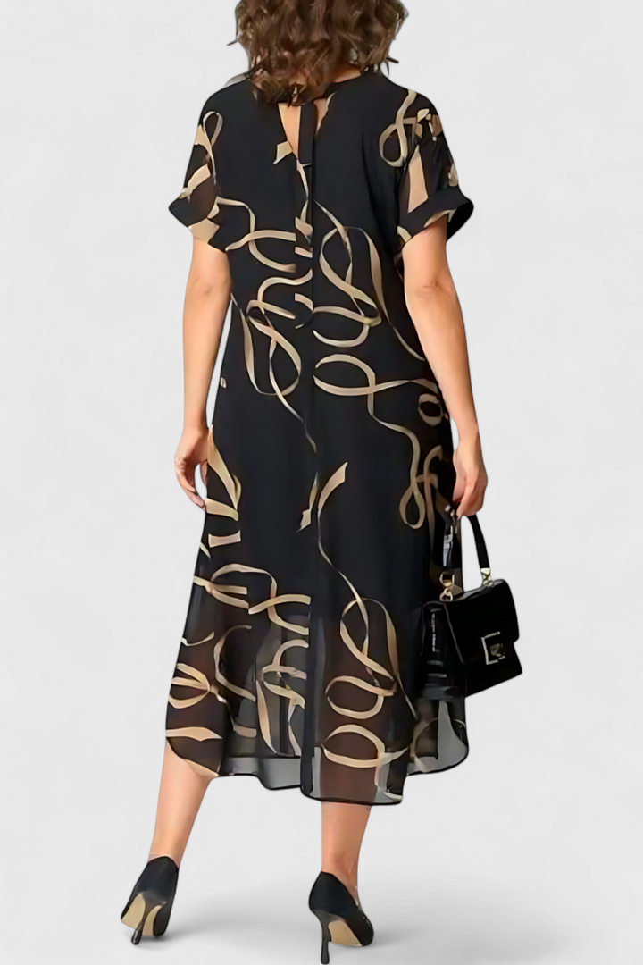 Jillian Vestido Caftán Negro | Estampado Abstracto en Oro | Escote en V