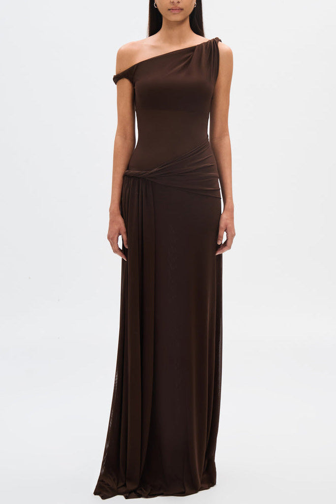 Eranda Vestido Maxi de Malla | Drapada Off-Shoulder