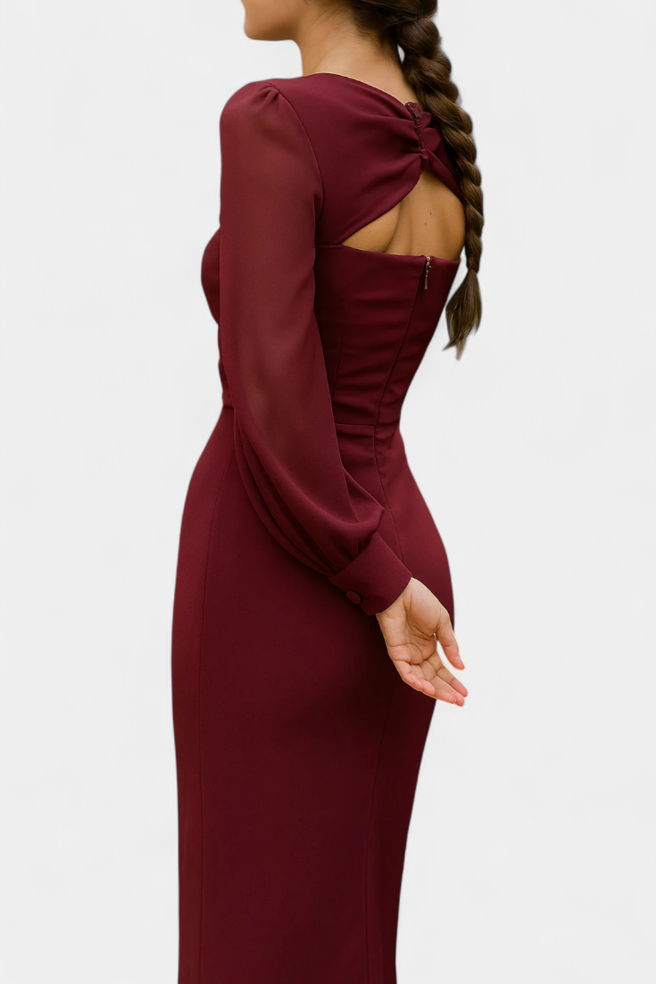 Julissa | Vestido Midi Burdeos con Detalle Anudado | Espalda Abierta