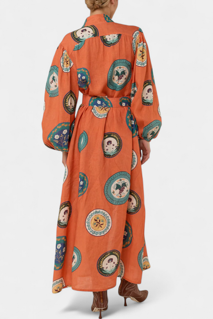 Sibley | Vestido Maxi de Lino con Estampado Exclusivo y Cinturón