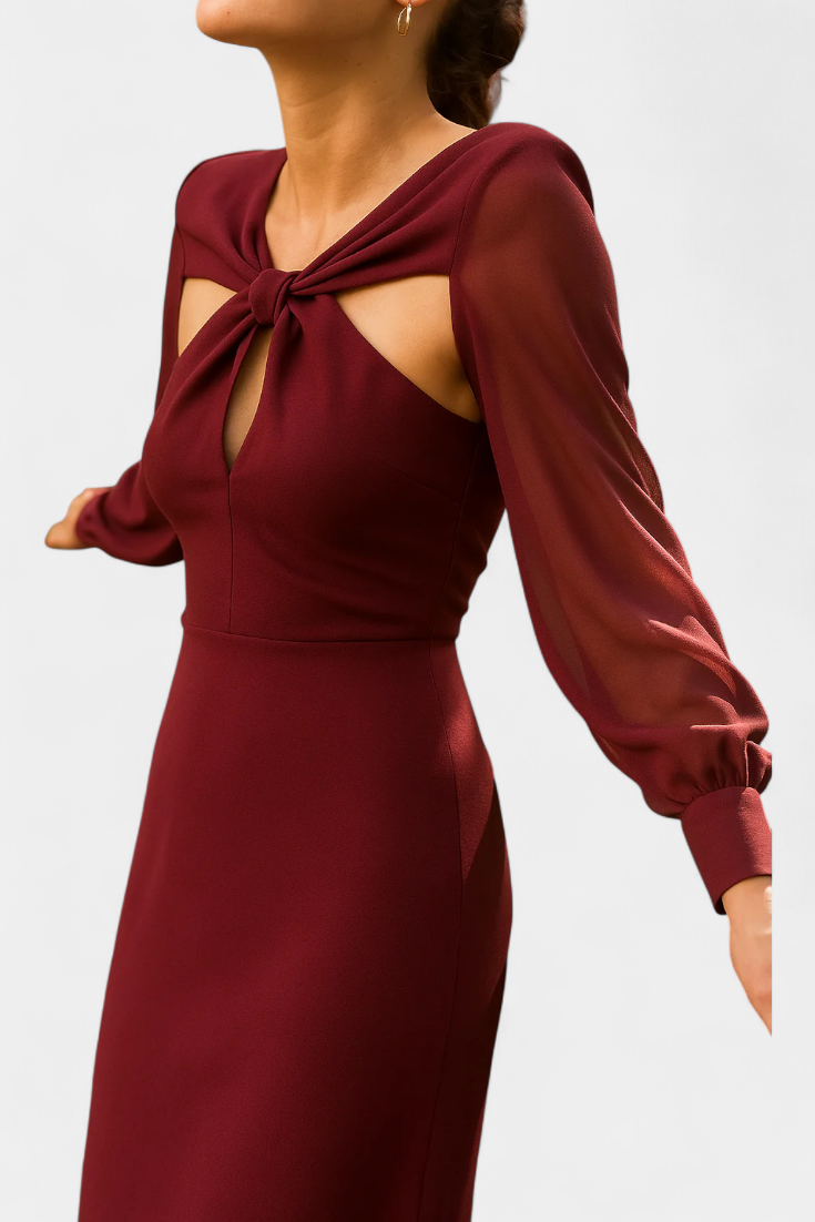 Julissa | Vestido Midi Burdeos con Detalle Anudado | Espalda Abierta