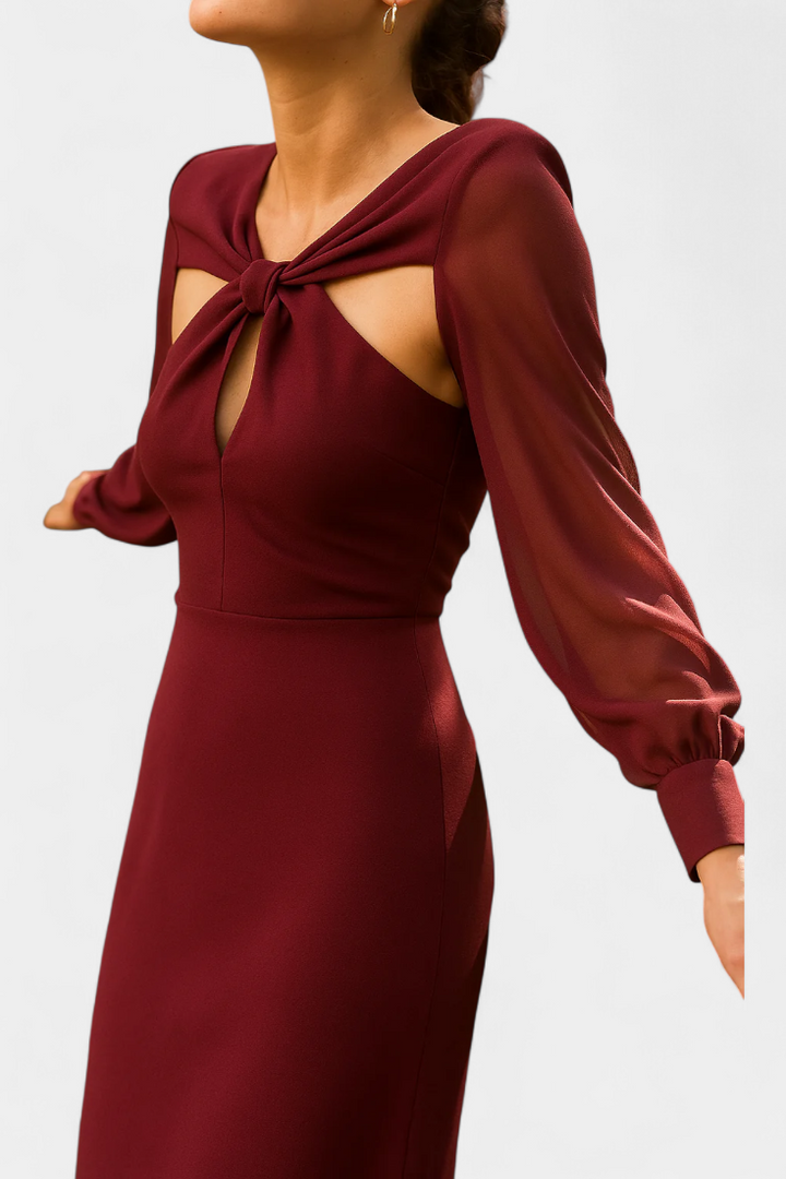 Julissa | Vestido Midi Burdeos con Detalle Anudado | Espalda Abierta