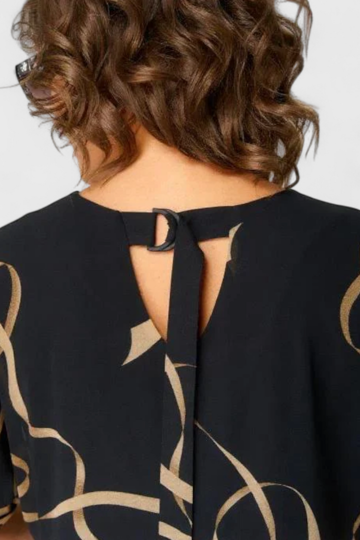 Jillian Vestido Caftán Negro | Estampado Abstracto en Oro | Escote en V