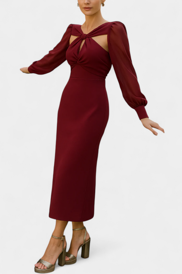 Julissa | Vestido Midi Burdeos con Detalle Anudado | Espalda Abierta