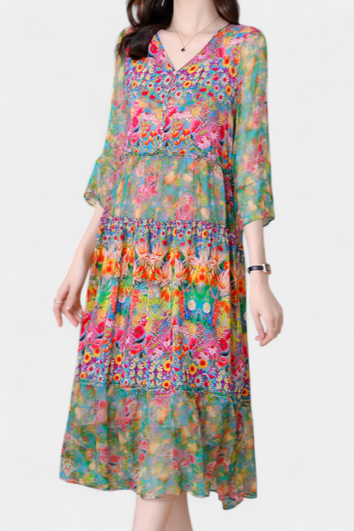 Kate | Vestido Midi Vaporoso con Estampado Floral Artístico