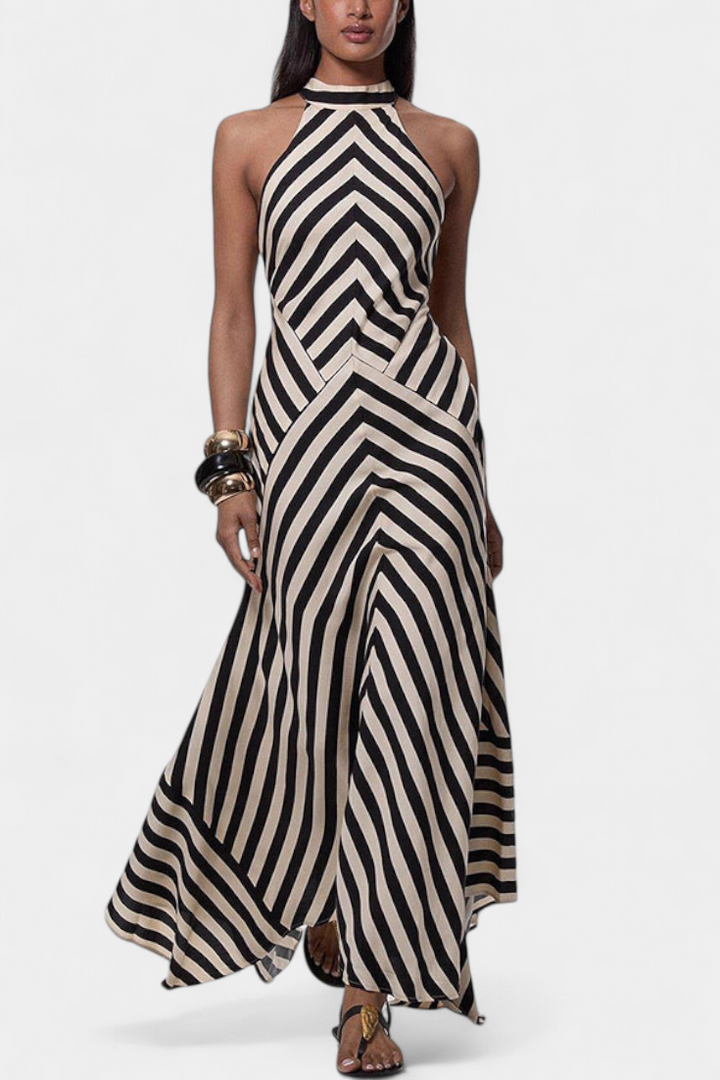 Crispina Vestido Maxi Halter con Rayas Chevron | Espalda Descubierta