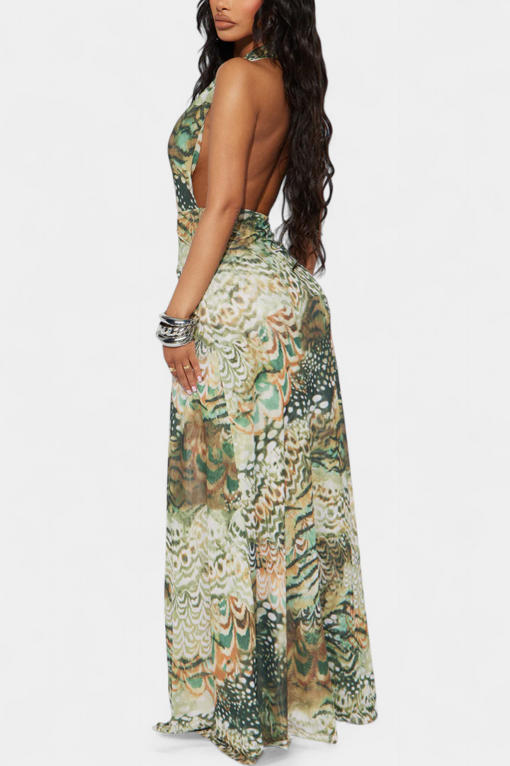 Zephyra Vestido Maxi Halter de Encaje | Abertura