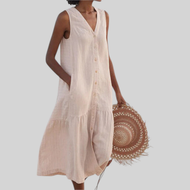 Merrin – Vestido Midi Sin Mangas con Detalles de Botones