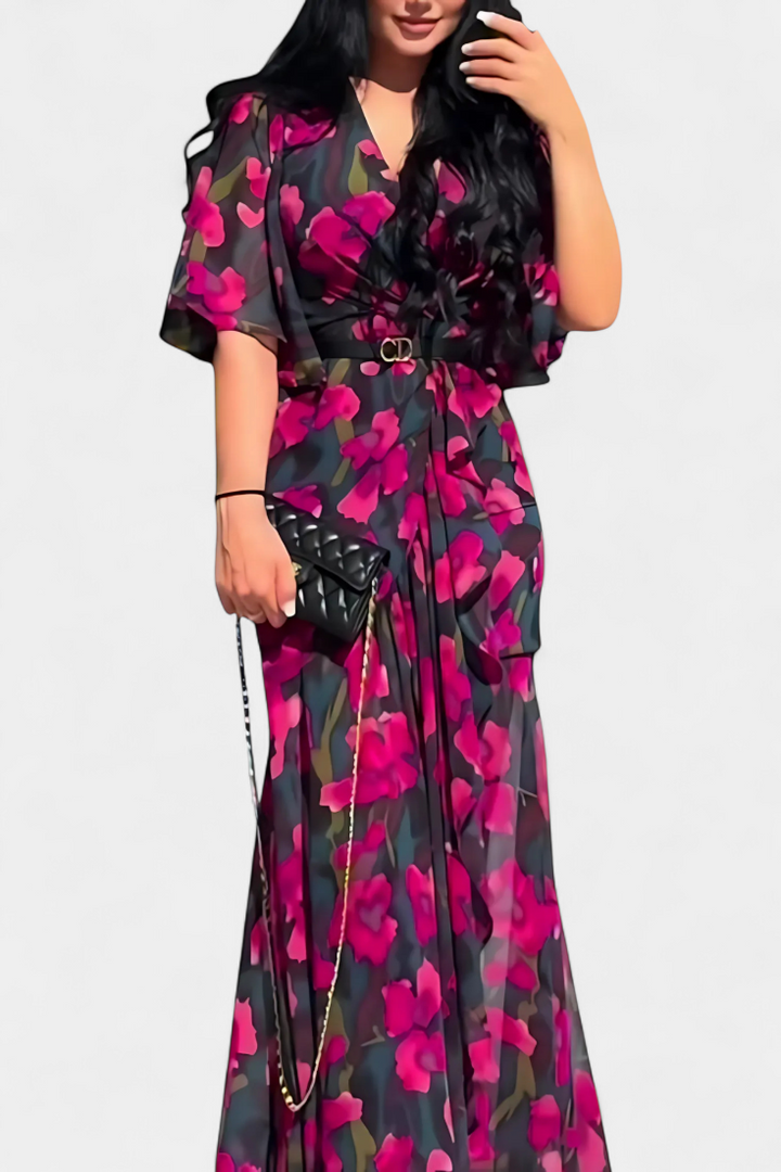 Sima | Vestido Cruzado Estampado con Escote en V | Mangas Acampanadas