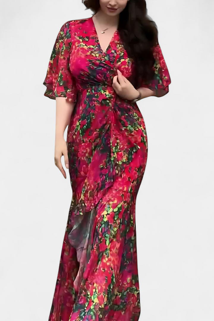 Sima | Vestido Cruzado Estampado con Escote en V | Mangas Acampanadas