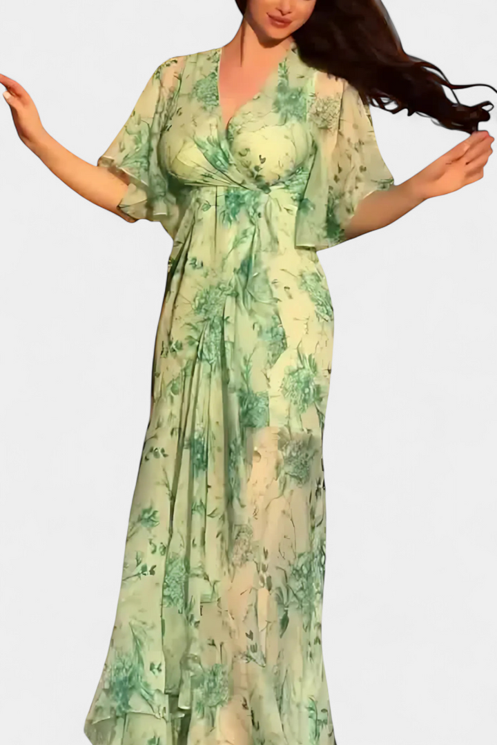 Sima | Vestido Cruzado Estampado con Escote en V | Mangas Acampanadas