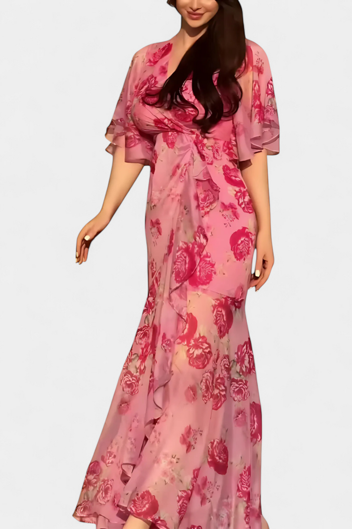 Sima | Vestido Cruzado Estampado con Escote en V | Mangas Acampanadas