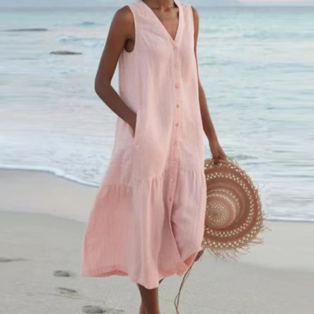 Merrin – Vestido Midi Sin Mangas con Detalles de Botones
