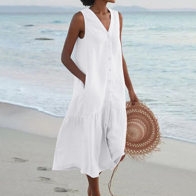 Merrin – Vestido Midi Sin Mangas con Detalles de Botones