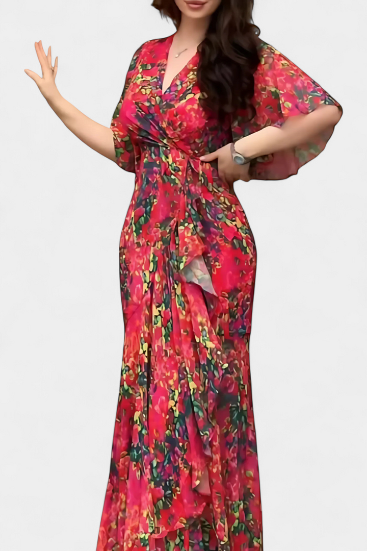 Sima | Vestido Cruzado Estampado con Escote en V | Mangas Acampanadas