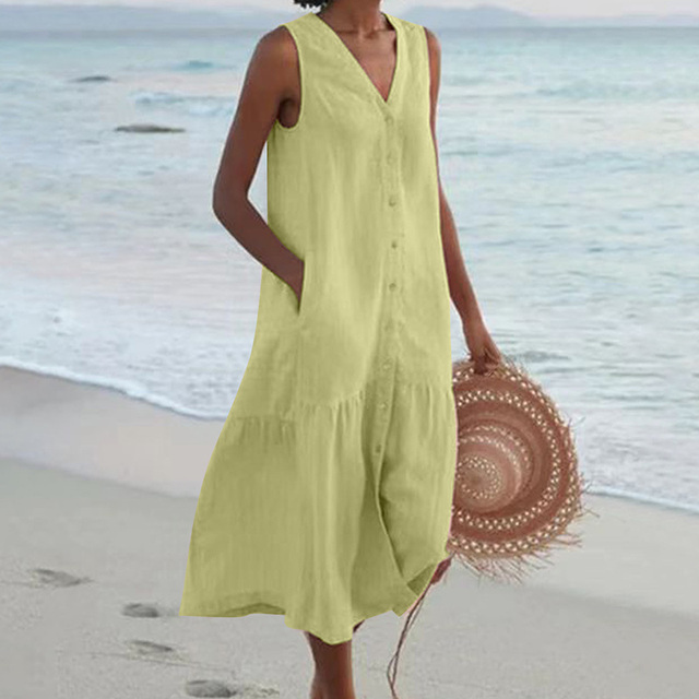 Merrin – Vestido Midi Sin Mangas con Detalles de Botones