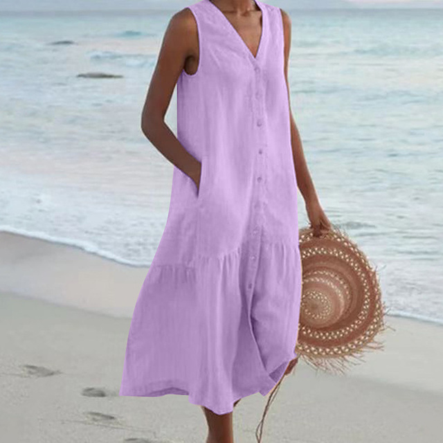 Merrin – Vestido Midi Sin Mangas con Detalles de Botones