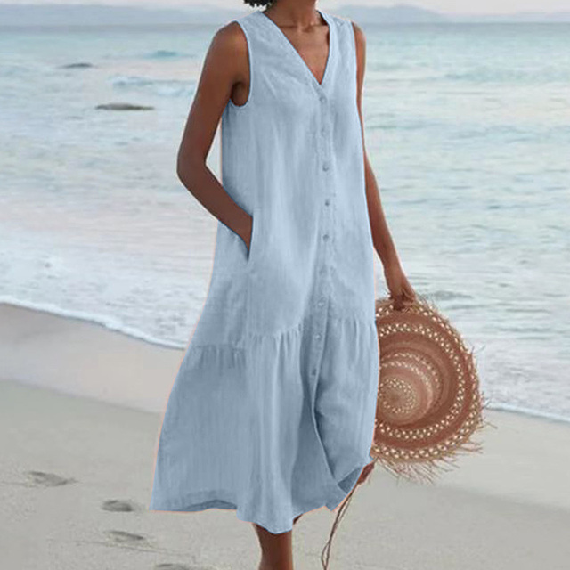 Merrin – Vestido Midi Sin Mangas con Detalles de Botones
