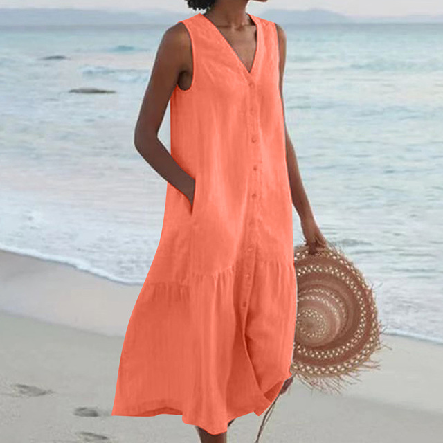 Merrin – Vestido Midi Sin Mangas con Detalles de Botones