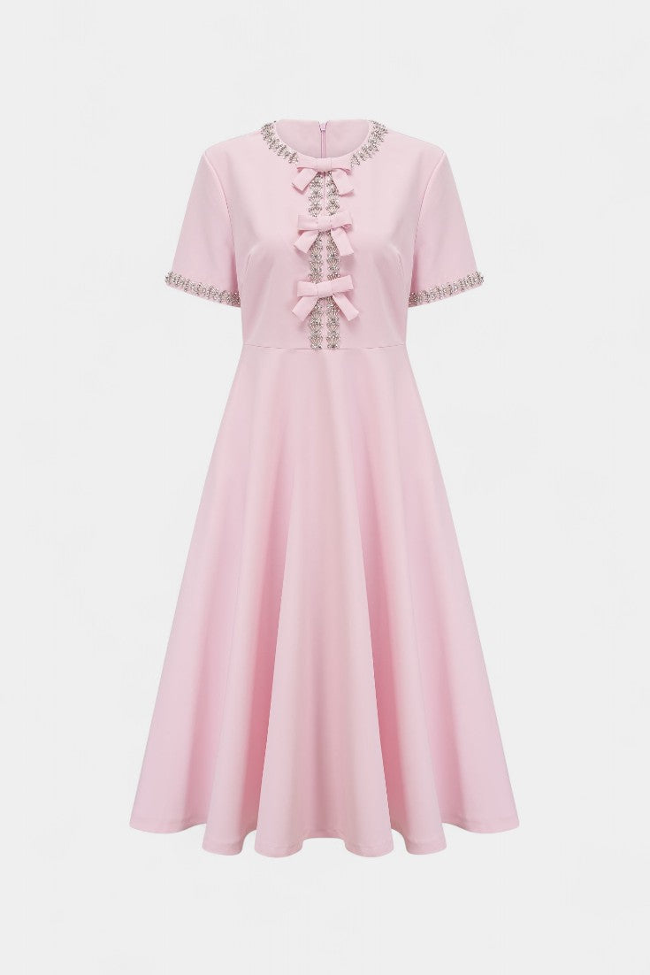Linda Vestido Midi Acampanado | Lazo de Cristal | Detalles Elegantes