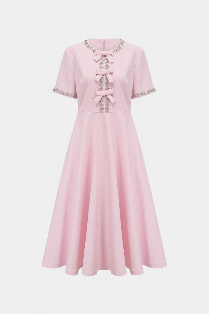 Linda Vestido Midi Acampanado | Lazo de Cristal | Detalles Elegantes