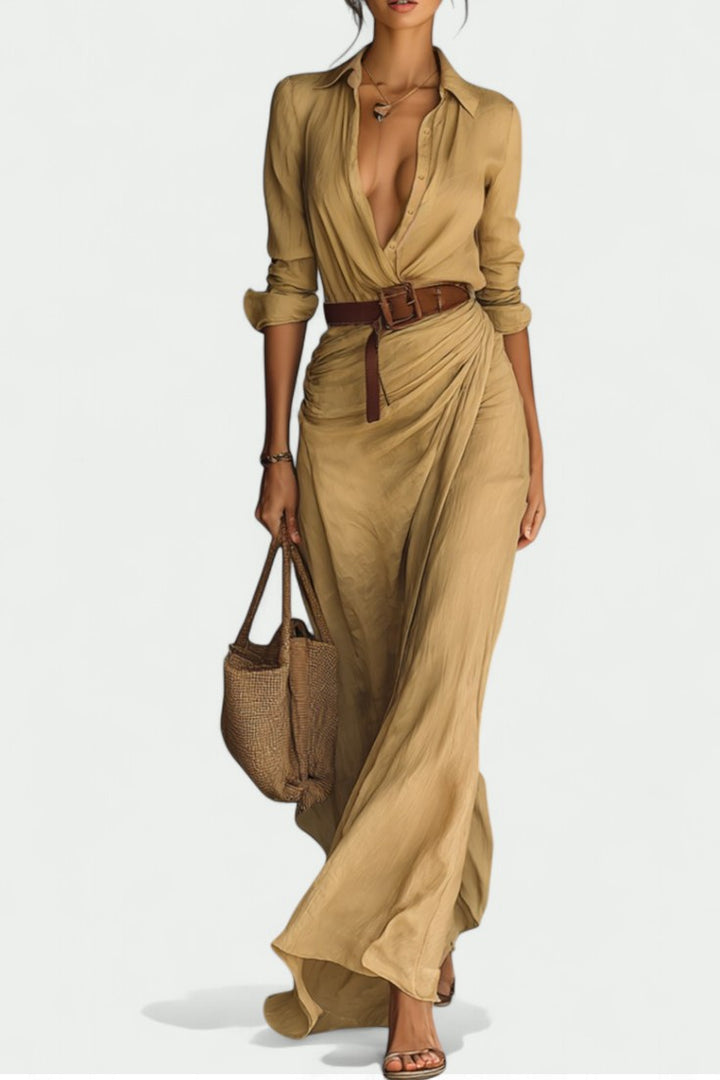 Vestido Maxi Largo con Cuello de Solapa y Cintura Incluida