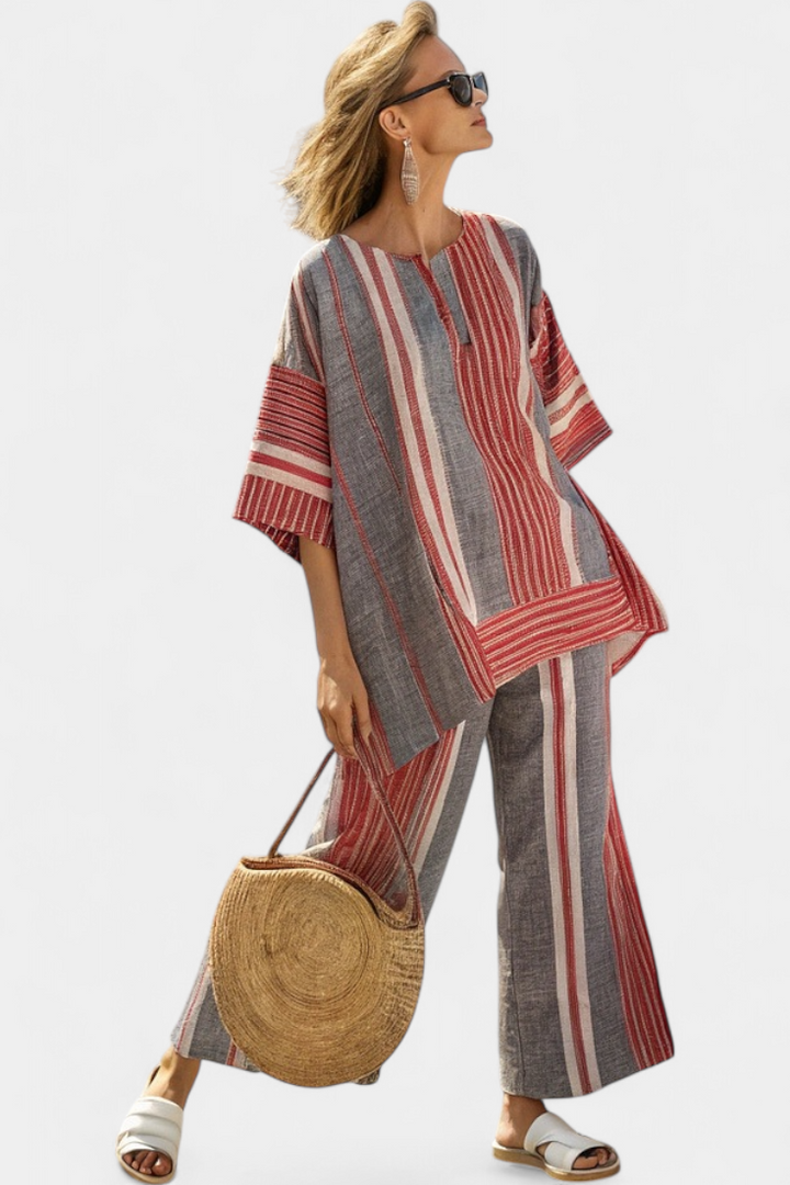 Σαλοπέτα Oversize Daisy σε Λινό με Ριγέ Κόκκινα Κοραλλί και Γκρι, Μοντέρνα και Άνετη Στιλ