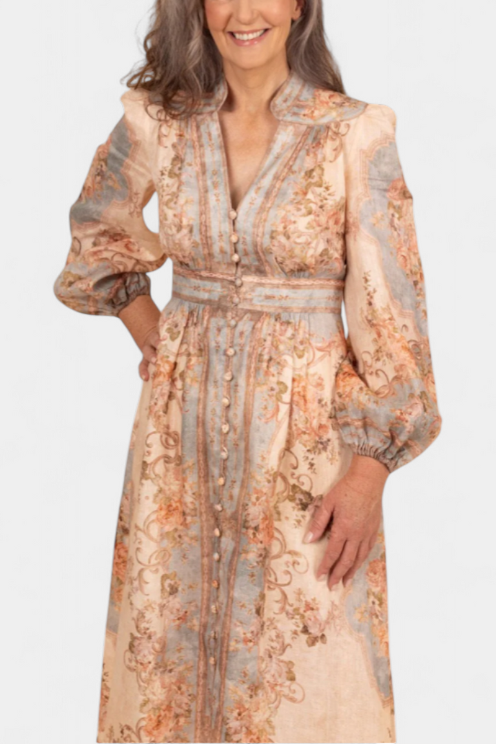 Dorotila | Vestido Maxi Acampanado | Estampado Floral | Botones | Mangas Globo