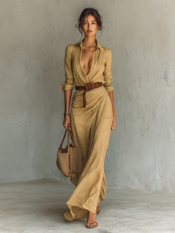 Vestido Maxi Largo con Cuello de Solapa y Cintura Incluida