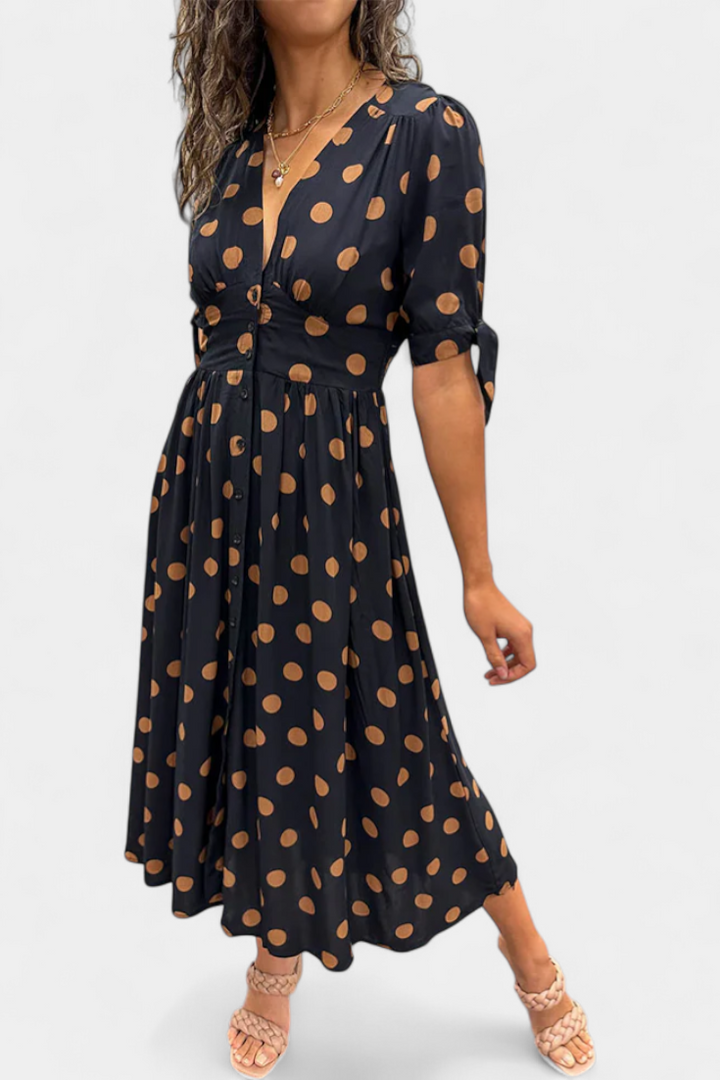 Lizzie Vestido Midi de Lunares | Escote en V Profundo