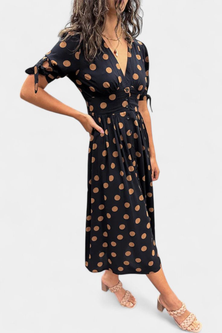 Lizzie Vestido Midi de Lunares | Escote en V Profundo