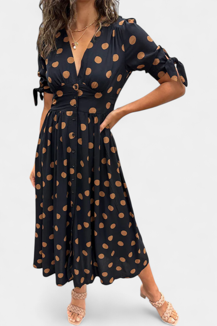 Lizzie Vestido Midi de Lunares | Escote en V Profundo