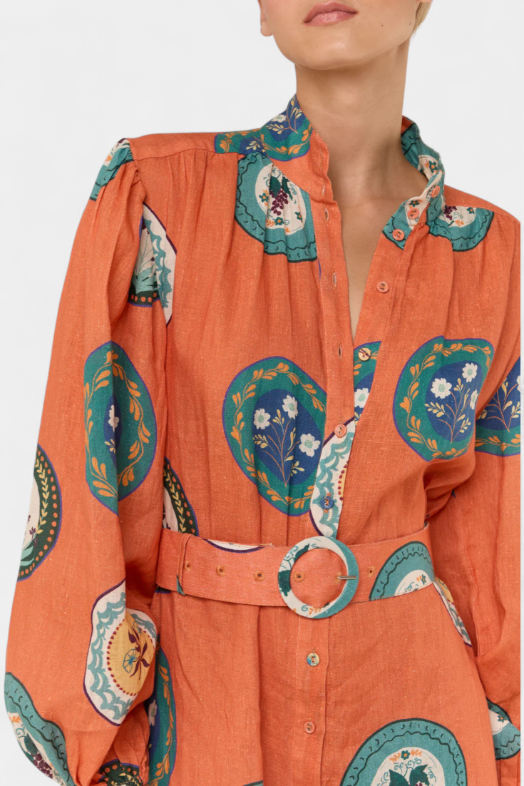 Sibley | Vestido Maxi de Lino con Estampado Exclusivo y Cinturón