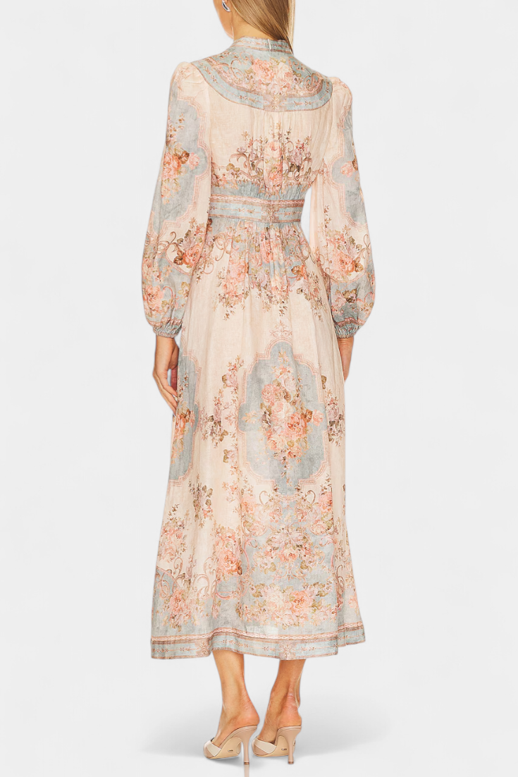 Dorotila | Vestido Maxi Acampanado | Estampado Floral | Botones | Mangas Globo