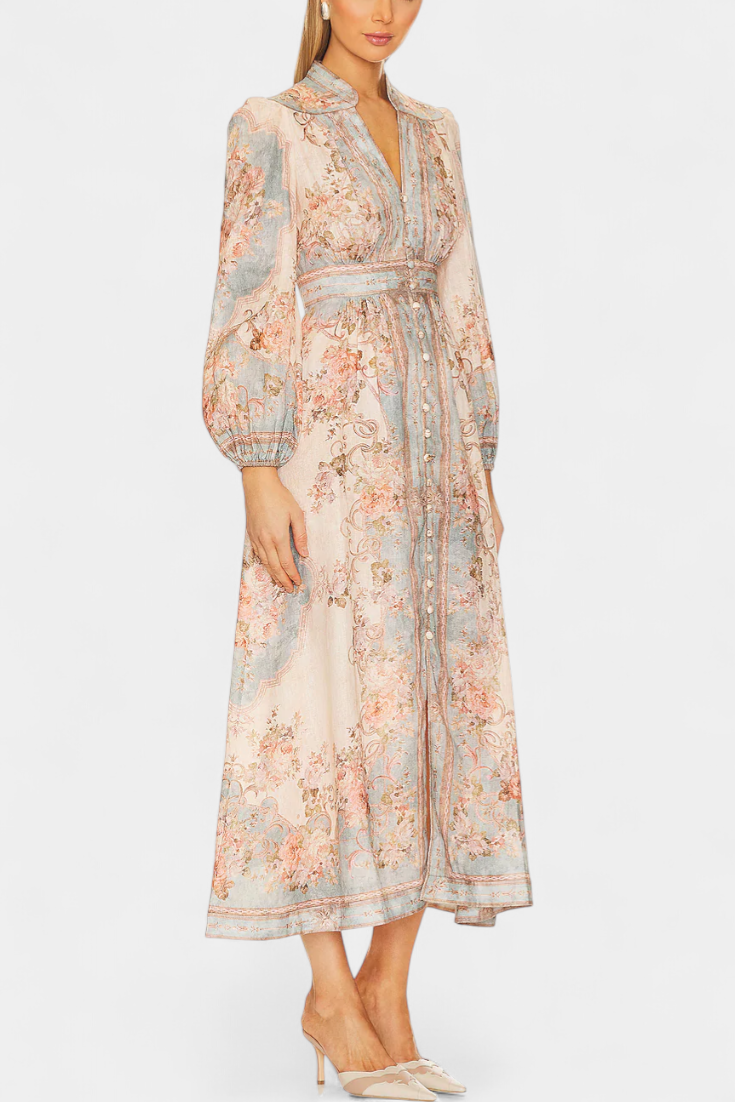 Dorotila | Vestido Maxi Acampanado | Estampado Floral | Botones | Mangas Globo