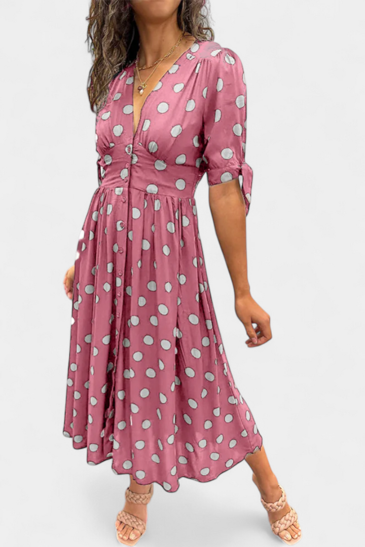 Lizzie Vestido Midi de Lunares | Escote en V Profundo