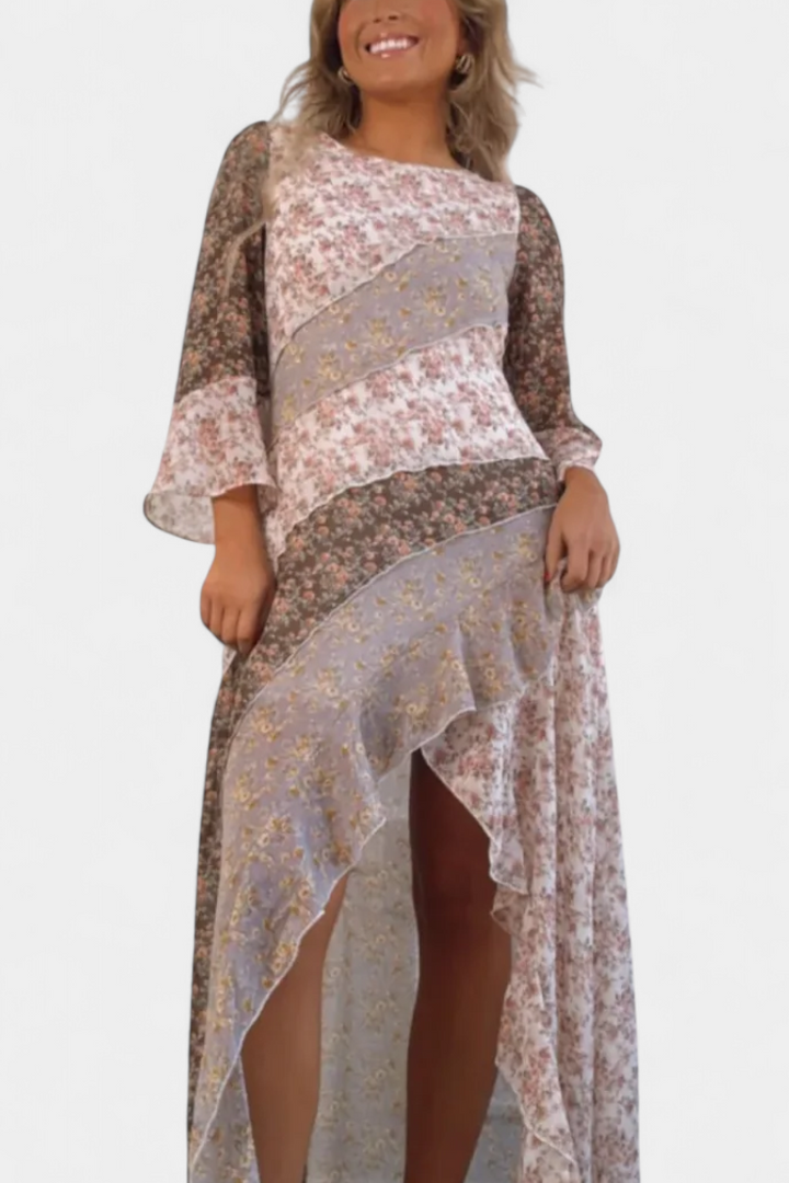 Ruth | Vestido Largo Floral con Mangas 3/4 | Paneles Volantes