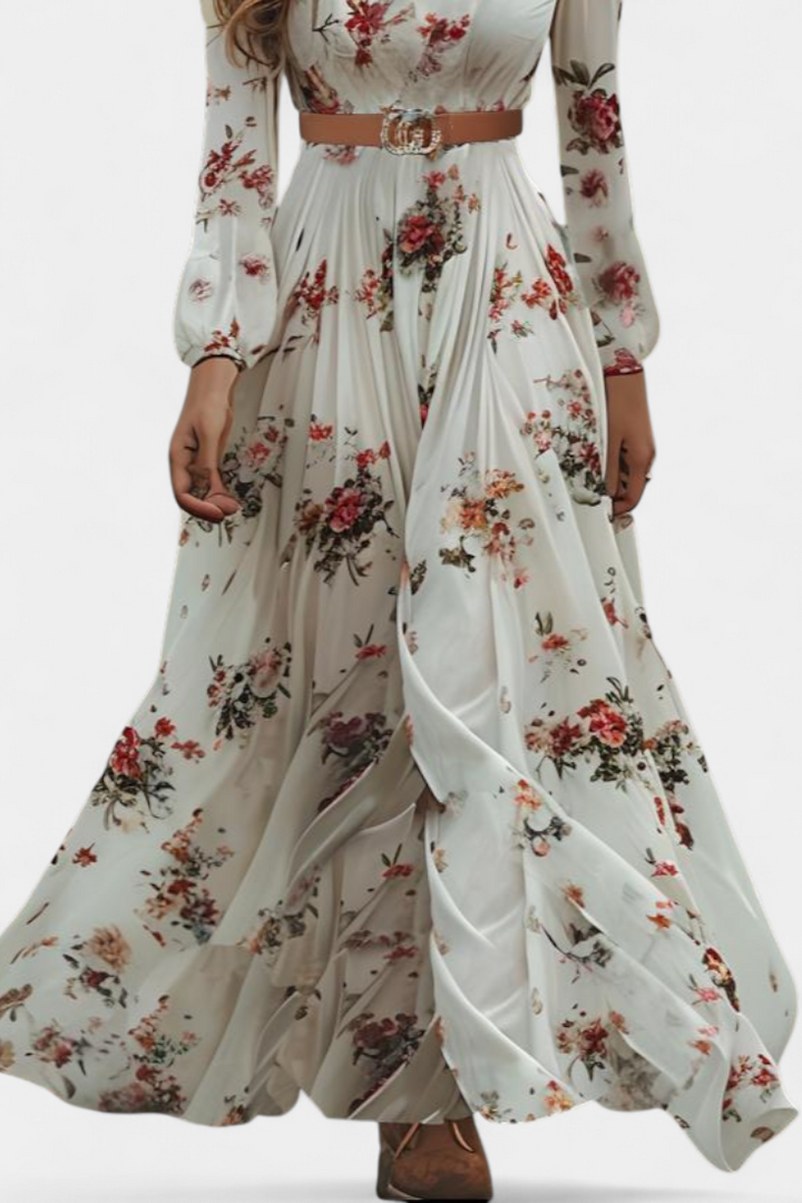 Amanda Vestido Maxi Floral | Cuello en V | Mangas Largas