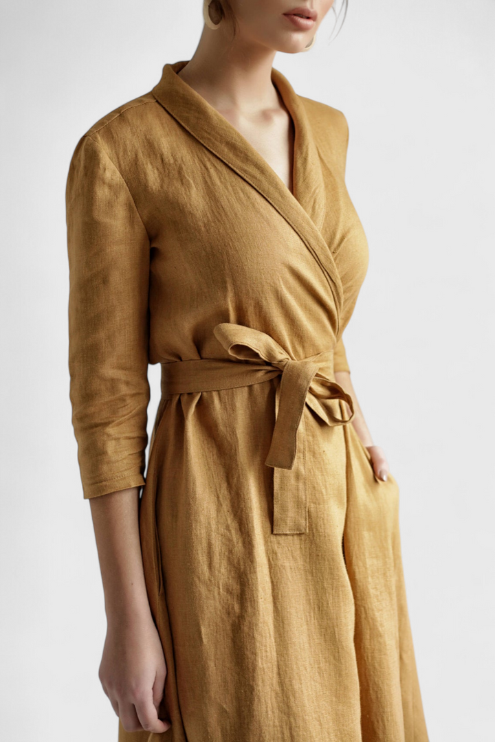 Sharon | Vintage φόρεμα midi με γιακά και πέτο από βαμβάκι και λινό