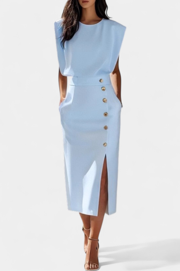 Ceecee Vestido Midi de Manga Larga | Botones Decorativos