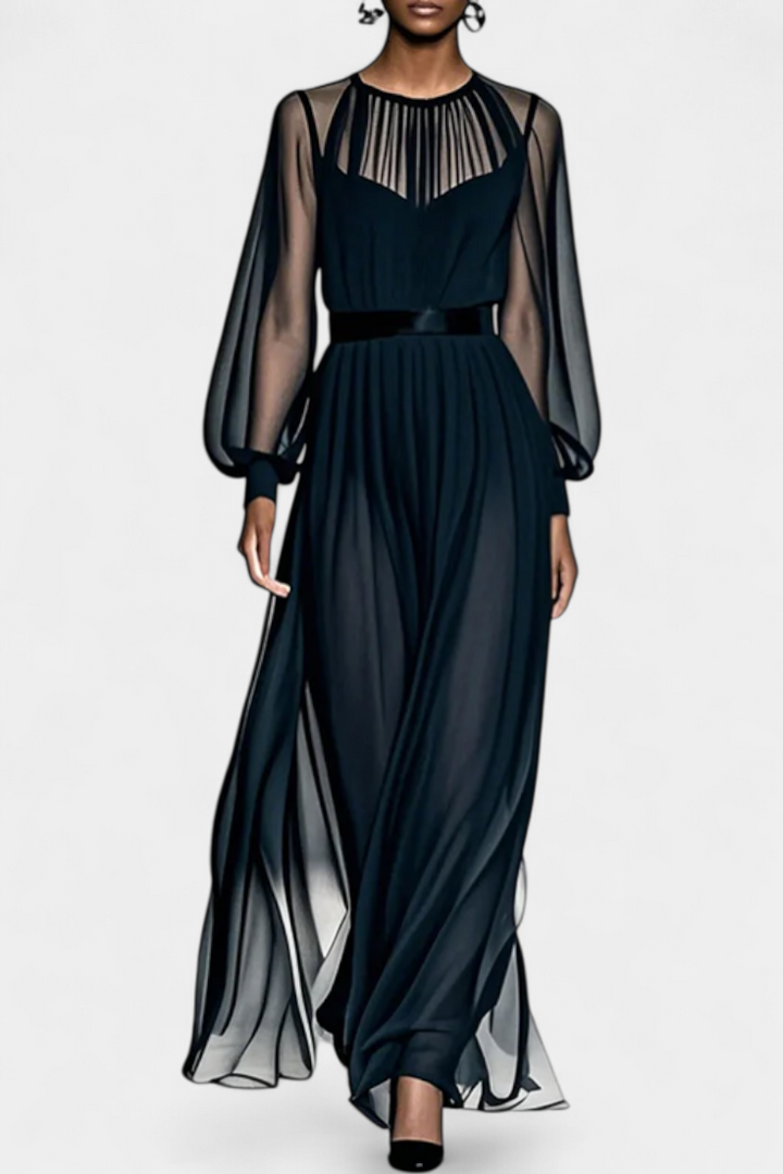 Aurelia | Vestido Maxi de Gasa Plisada con Transparencias