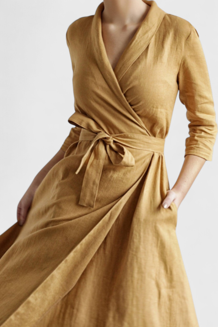 Sharon | Vintage φόρεμα midi με γιακά και πέτο από βαμβάκι και λινό