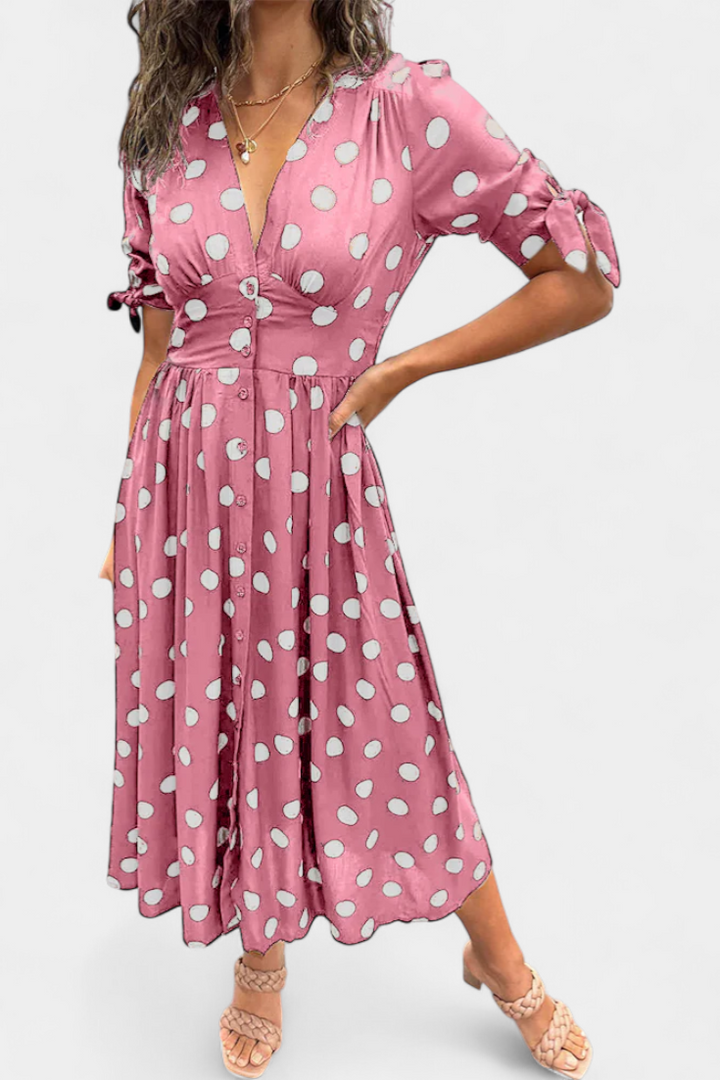 Lizzie Vestido Midi de Lunares | Escote en V Profundo