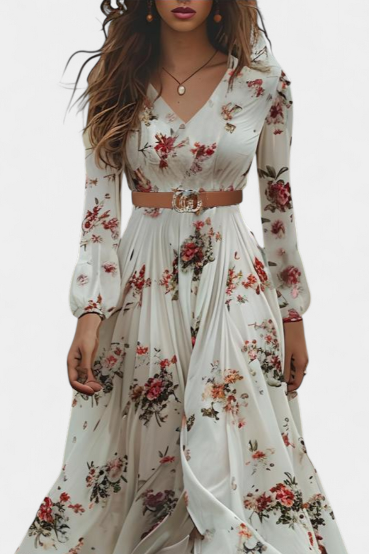 Amanda Vestido Maxi Floral | Cuello en V | Mangas Largas