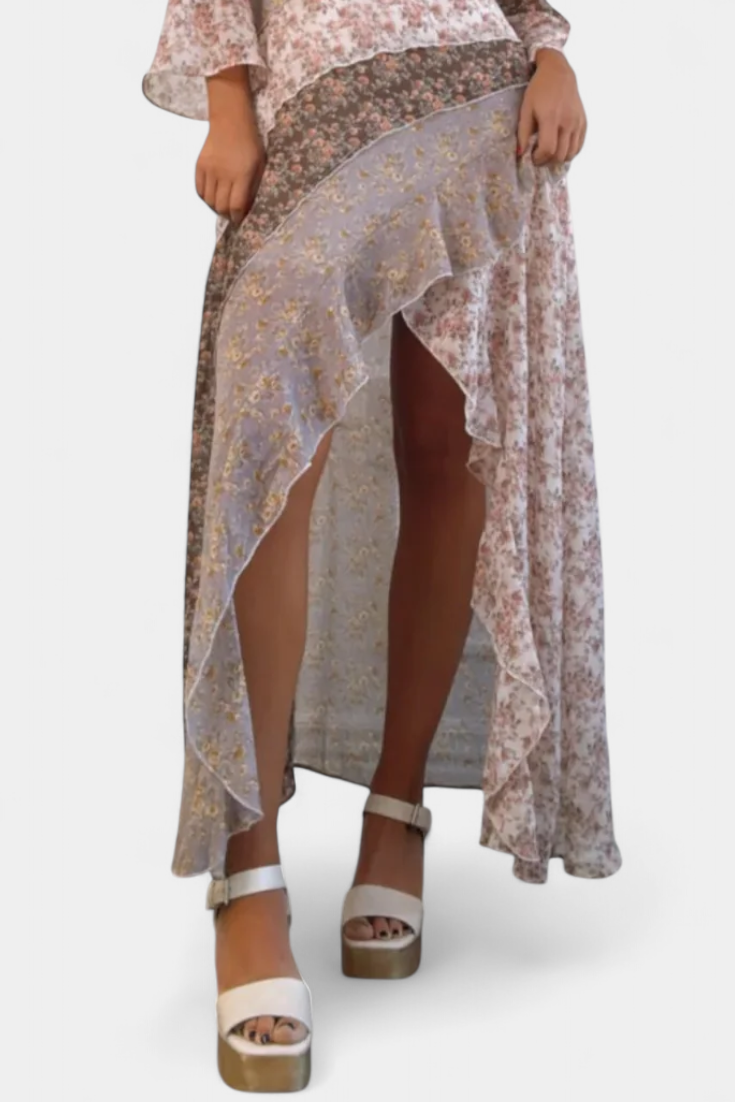 Ruth | Vestido Largo Floral con Mangas 3/4 | Paneles Volantes