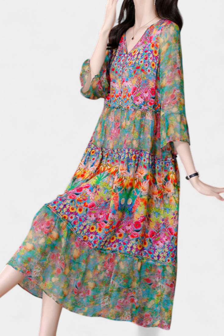 Kate | Vestido Midi Vaporoso con Estampado Floral Artístico