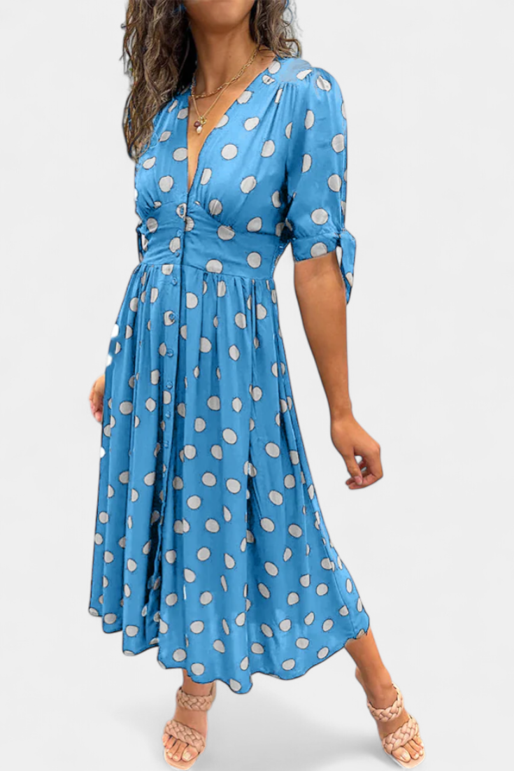 Lizzie Vestido Midi de Lunares | Escote en V Profundo