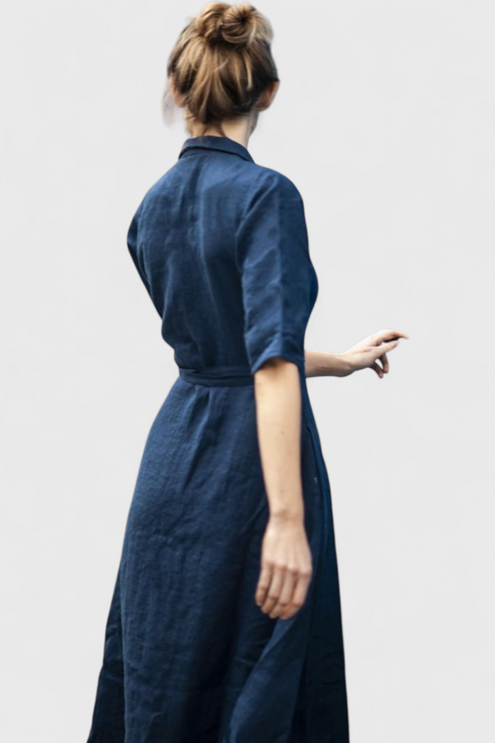 Sharon | Vintage φόρεμα midi με γιακά και πέτο από βαμβάκι και λινό